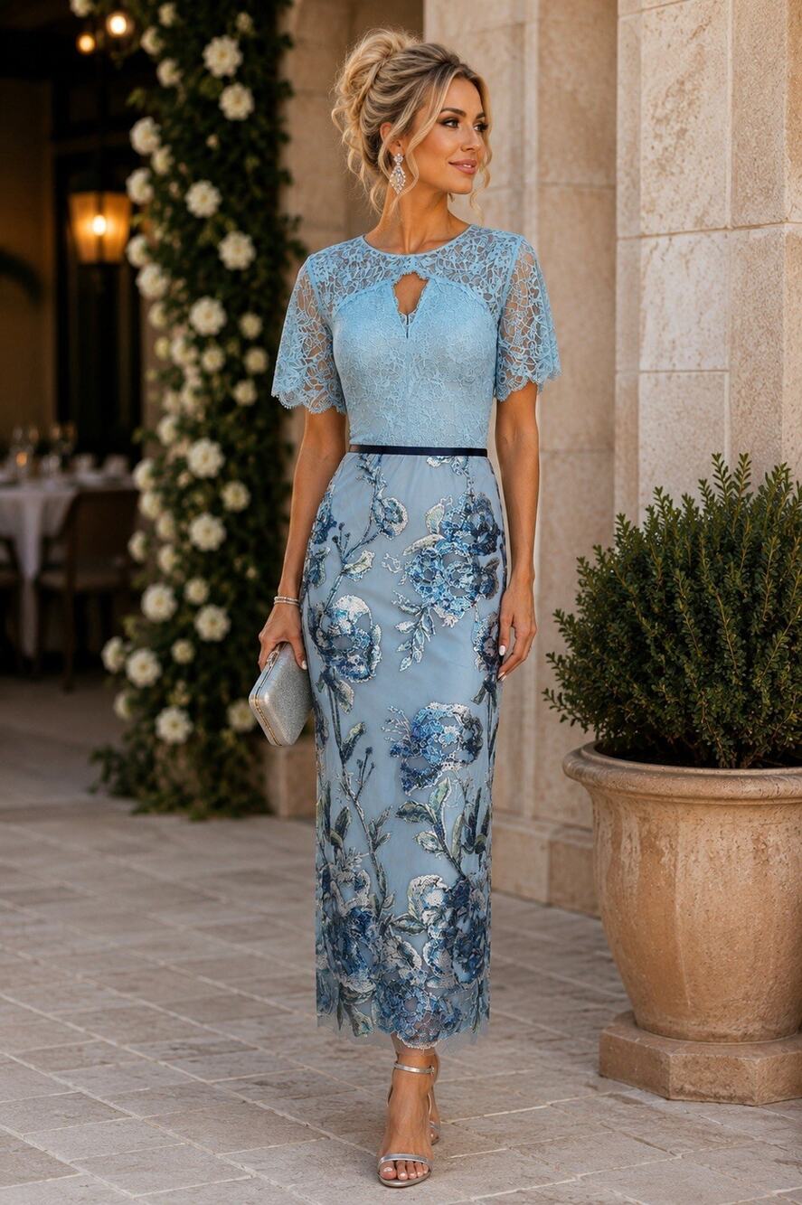 Marchesa Notte Blue Lace & Floral Sequin Embellished Midi Sheath Dress 18 NWT - Picture 1 of 16